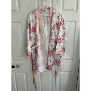 Morgan Lane Forafun Floral Print Kimono Robe Pink White Satin Trim Tie Waist